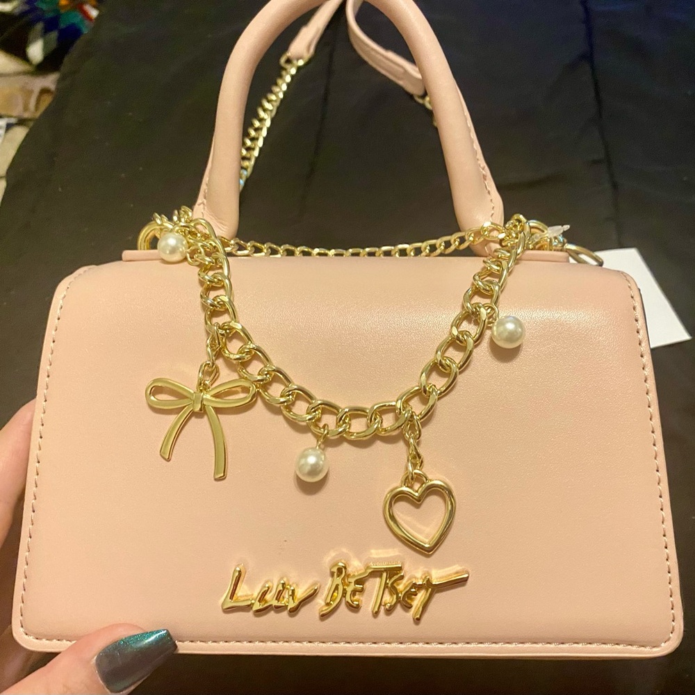 Betsey Johnson Pink and Gold Mini Bag with Chain Charm
